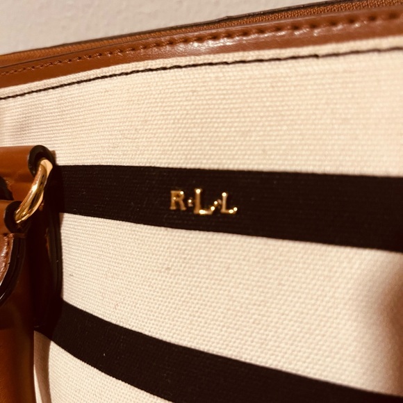 Lauren Ralph Lauren Striped Canvas Leather Trim Satchel - Picture 6 of 9
